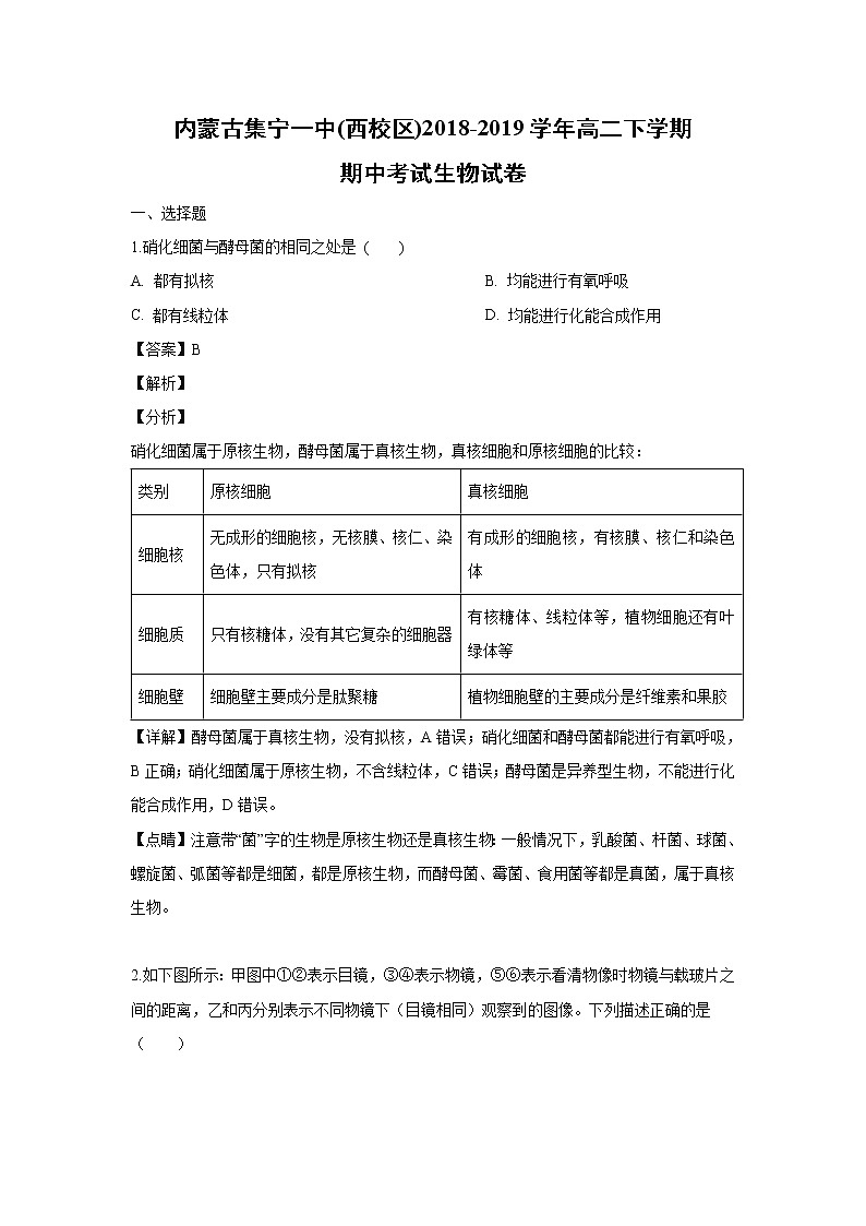 【生物】内蒙古集宁一中(西校区)2018-2019学年高二下学期期中考试生物试卷（解析版）01