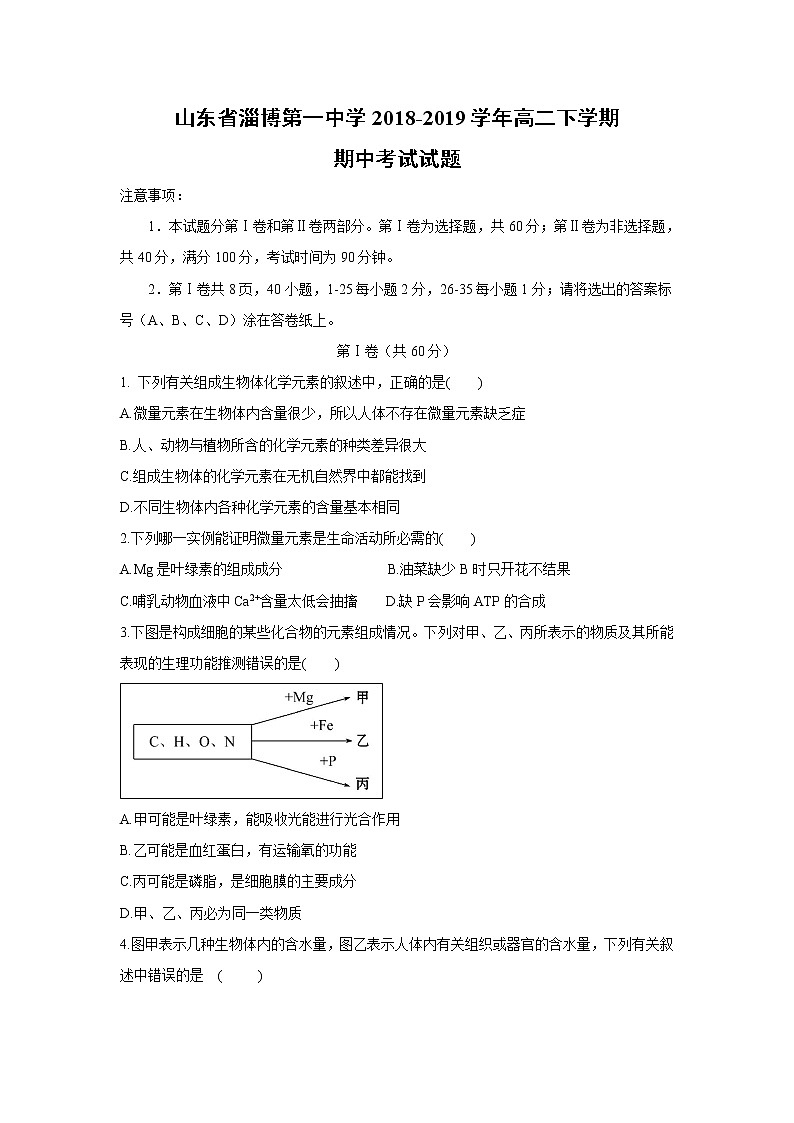 【生物】山东省淄博第一中学2018-2019学年高二下学期期中考试试题01