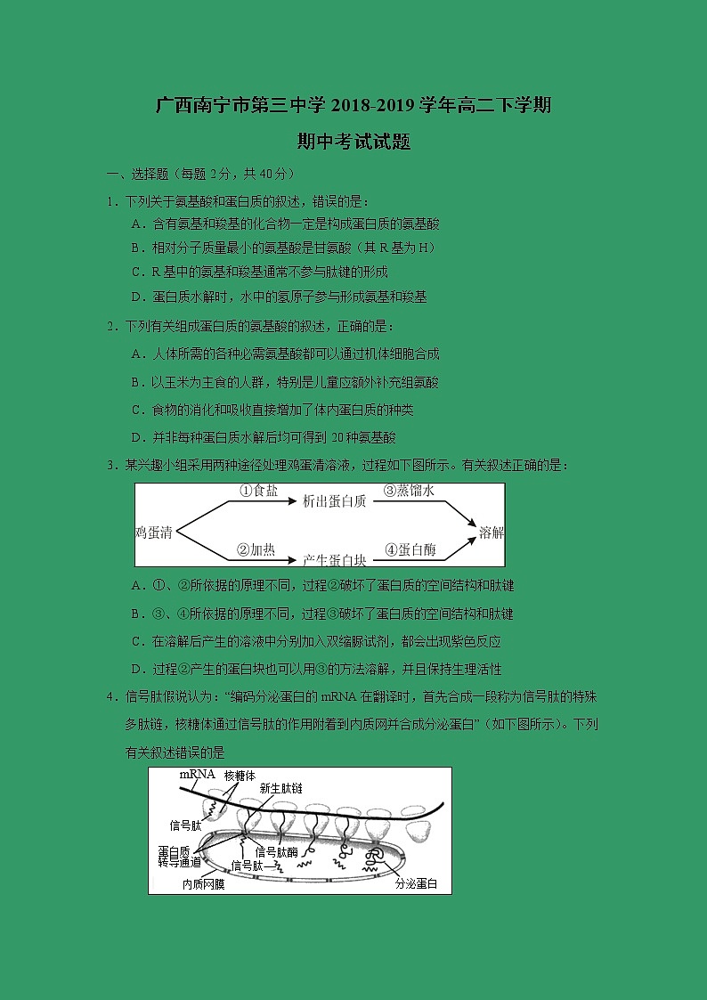 【生物】广西南宁市第三中学2018-2019学年高二下学期期中考试试题01