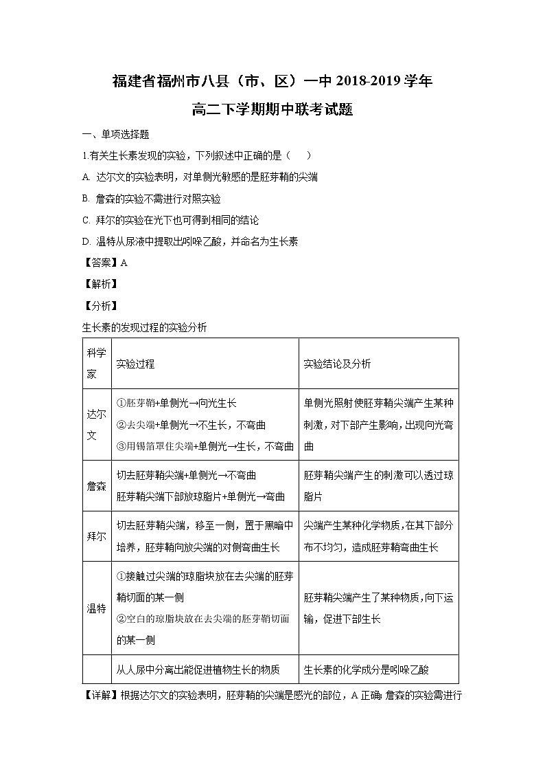 【生物】福建省福州市八县（市、区）一中2018-2019学年高二下学期期中联考试题 （解析版）01