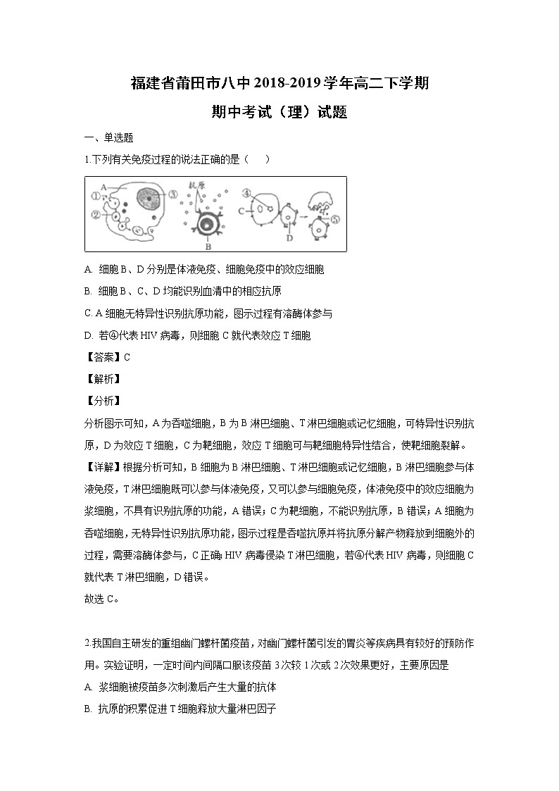 【生物】福建省莆田市八中2018-2019学年高二下学期期中考试（理）试题（解析版）01