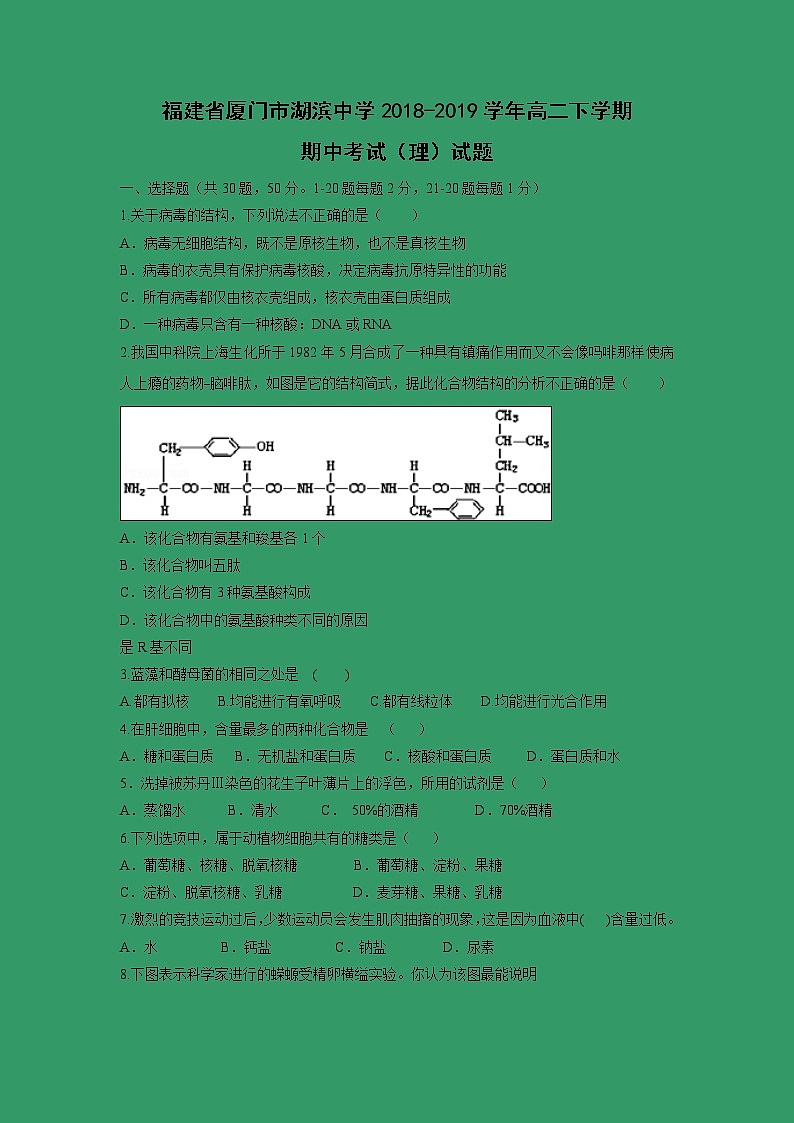 【生物】福建省厦门市湖滨中学2018-2019学年高二下学期期中考试（理）试题01