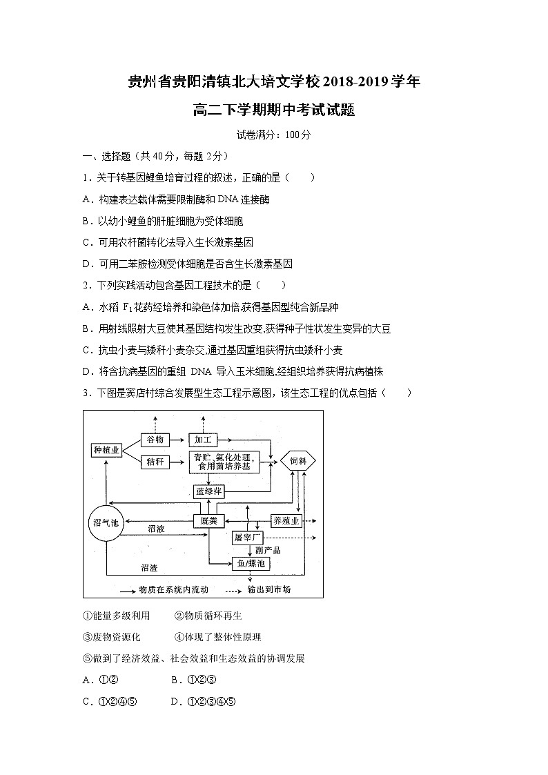 【生物】贵州省贵阳清镇北大培文学校2018-2019学年高二下学期期中考试试题01