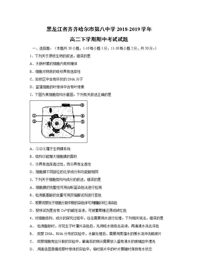 【生物】黑龙江省齐齐哈尔市第八中学2018-2019学年高二下学期期中考试试题01