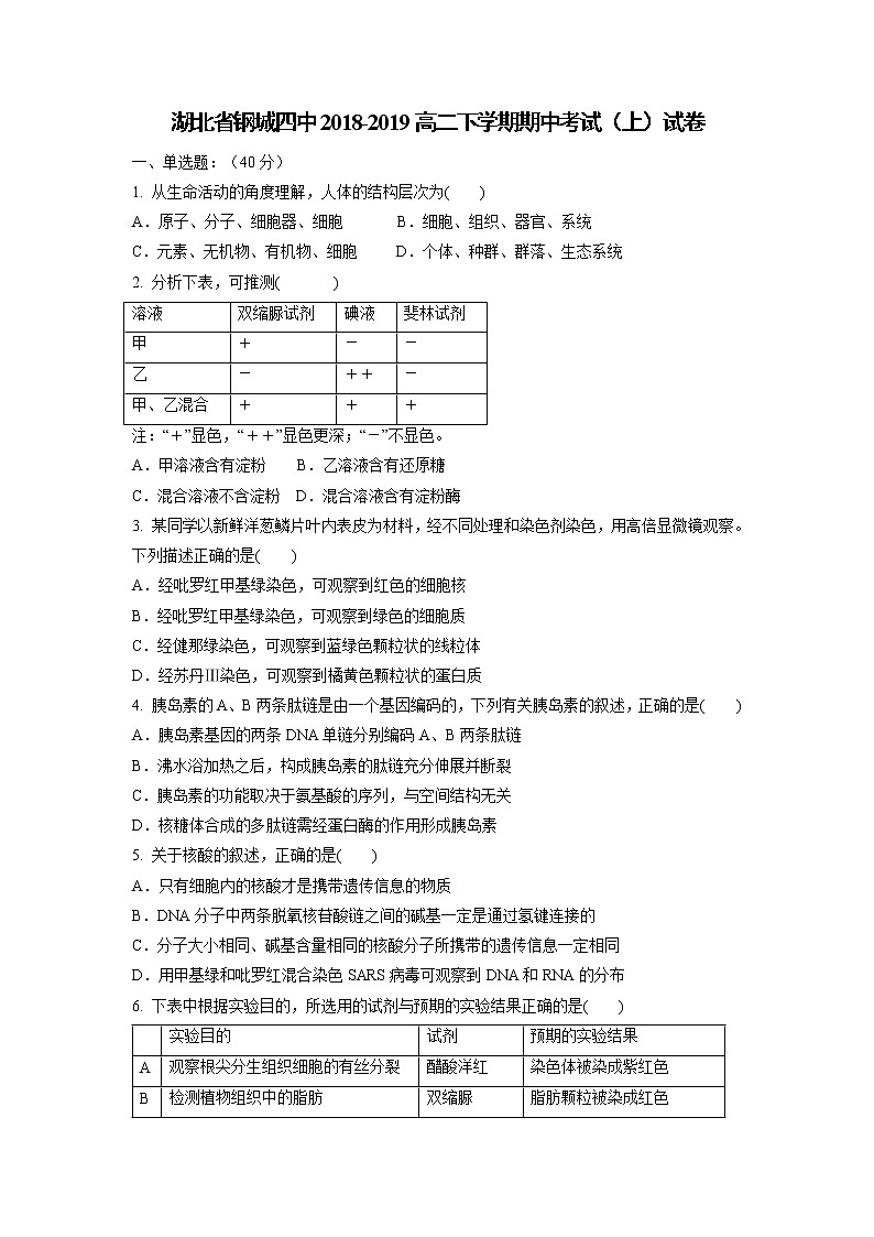 【生物】湖北省钢城四中2018-2019高二下学期期中考试（上）试卷01