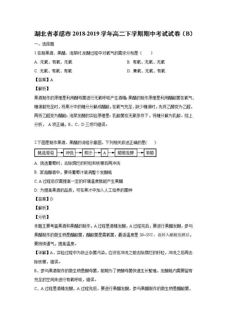 【生物】湖北省孝感市2018-2019学年高二下学期期中考试试卷（B） （解析版）01