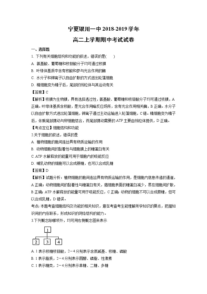 【生物】宁夏银川一中2018-2019学年高二上学期期中考试试卷（解析版）01