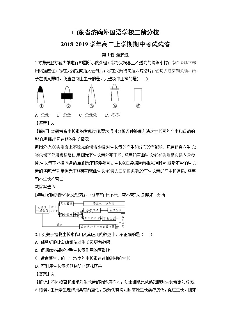 【生物】山东省济南外国语学校三箭分校2018-2019学年高二上学期期中考试试卷（解析版）01