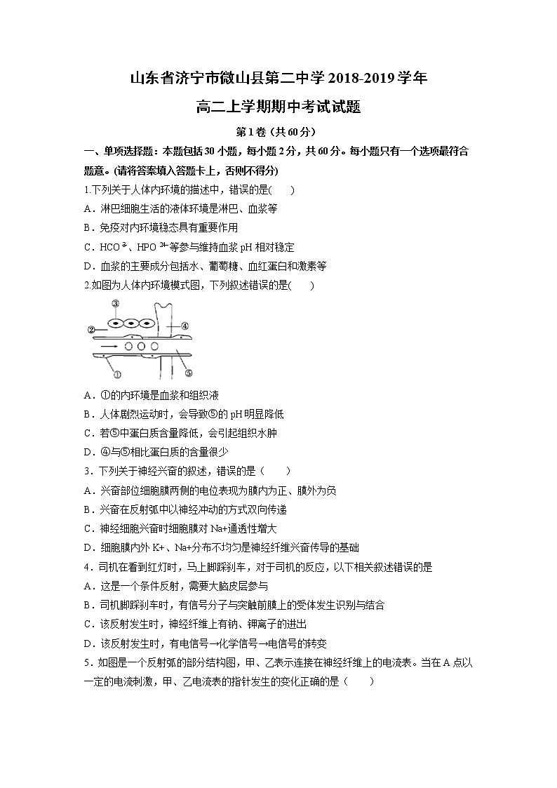 【生物】山东省济宁市微山县第二中学2018-2019学年高二上学期期中考试试题01