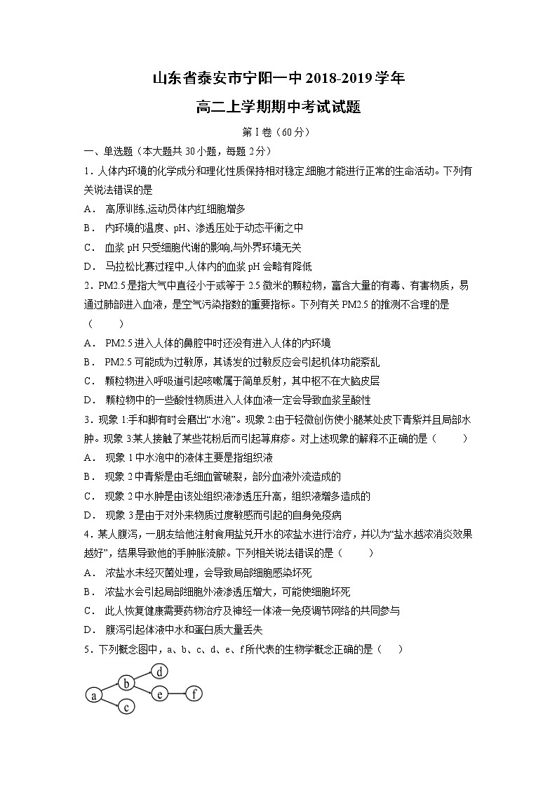 【生物】山东省泰安市宁阳一中2018-2019学年高二上学期期中考试试题01