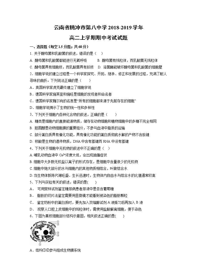 【生物】云南省腾冲市第八中学2018-2019学年高二上学期期中考试试题01