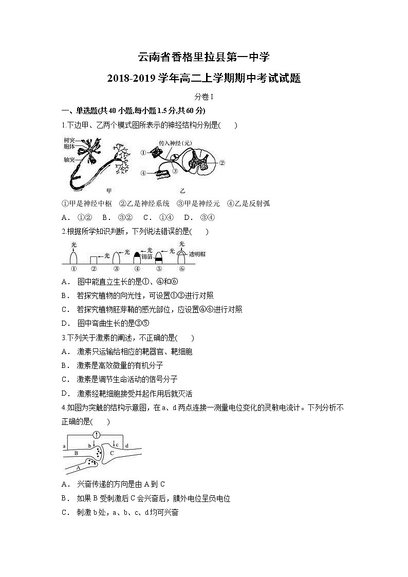 【生物】云南省香格里拉县第一中学2018-2019学年高二上学期期中考试试题01