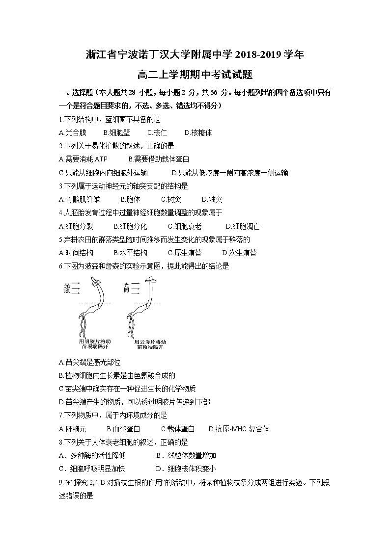 【生物】浙江省宁波诺丁汉大学附属中学2018-2019学年高二上学期期中考试试题01