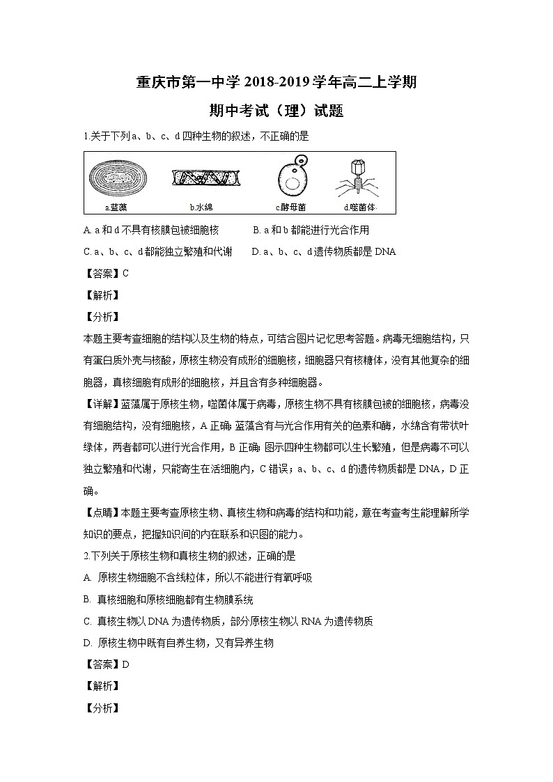 【生物】重庆市第一中学2018-2019学年高二上学期期中考试（理）试题（解析版）第1页