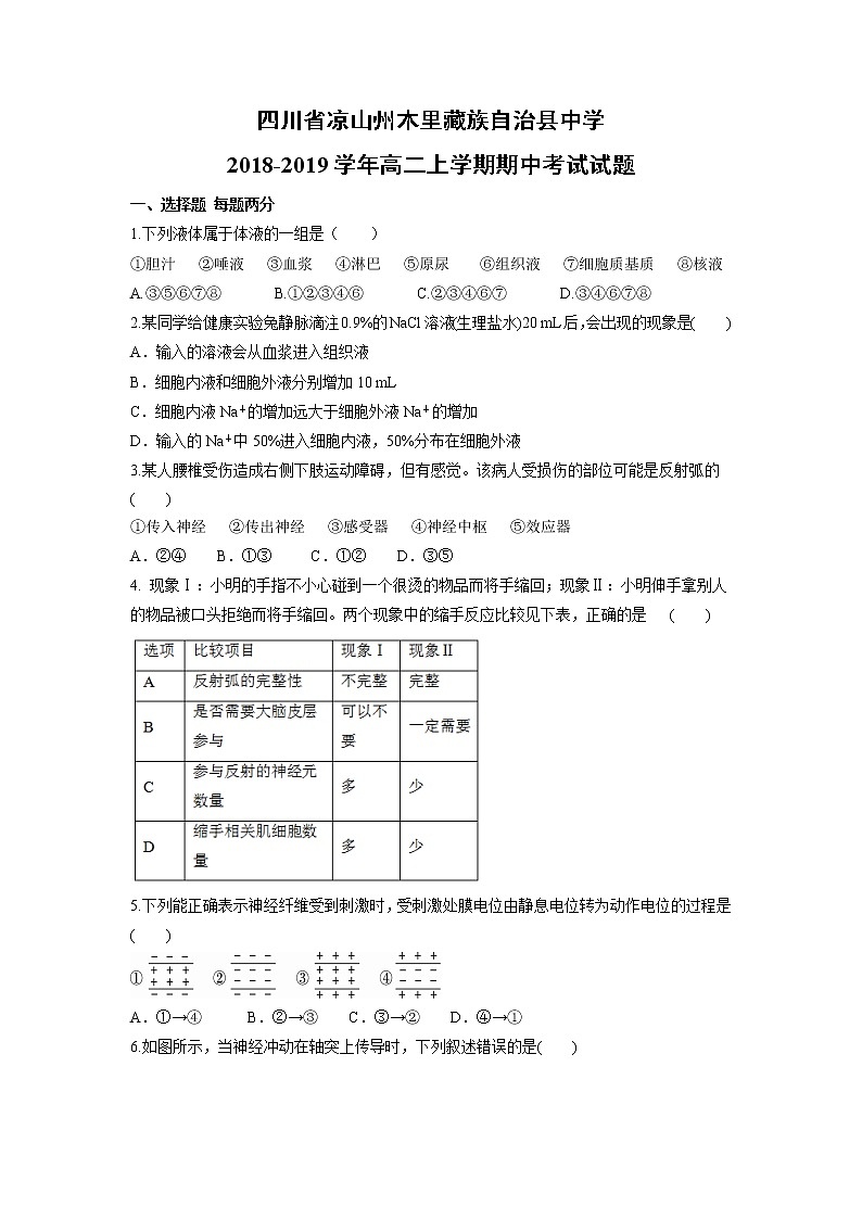 【生物】四川省凉山州木里藏族自治县中学2018-2019学年高二上学期期中考试试题01