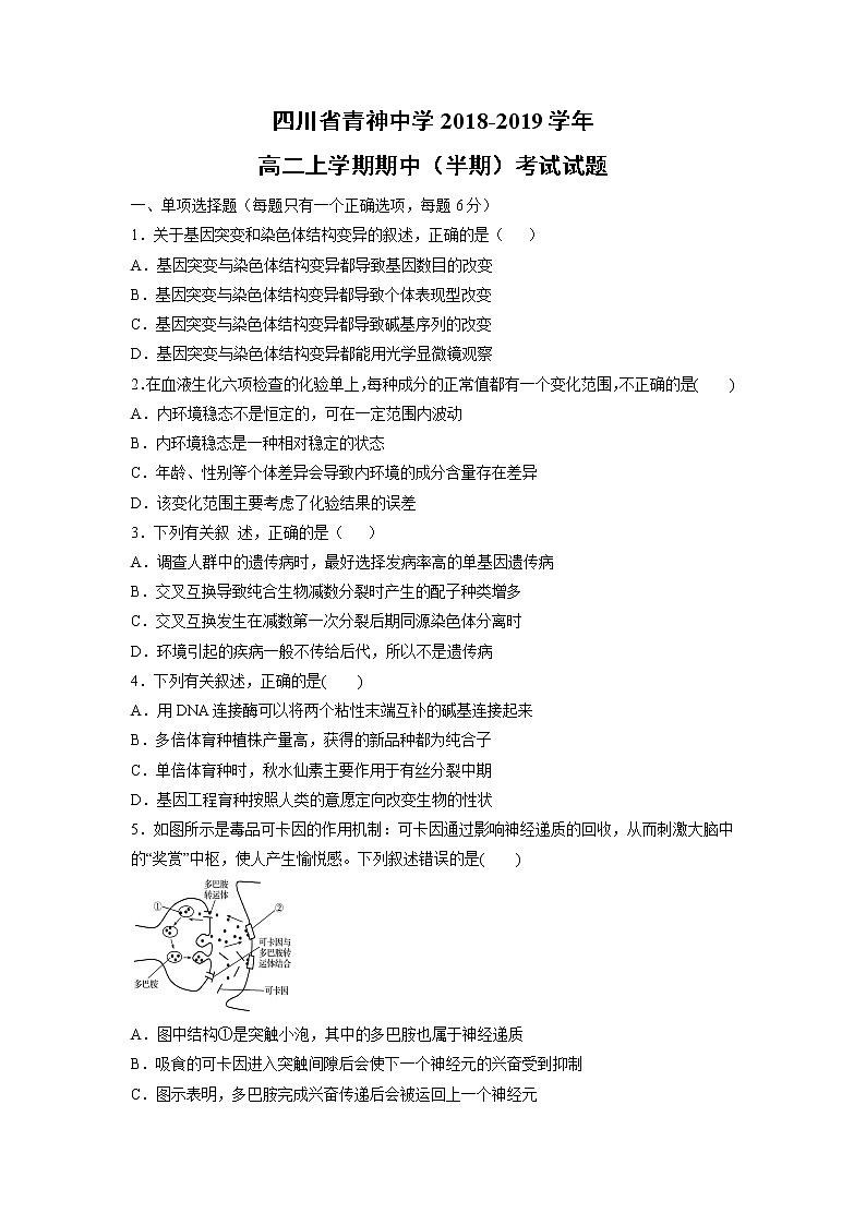 【生物】四川省青神中学2018-2019学年高二上学期期中（半期）考试试题01