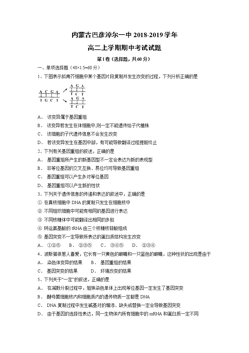 【生物】内蒙古巴彦淖尔一中2018-2019学年高二上学期期中考试试题01