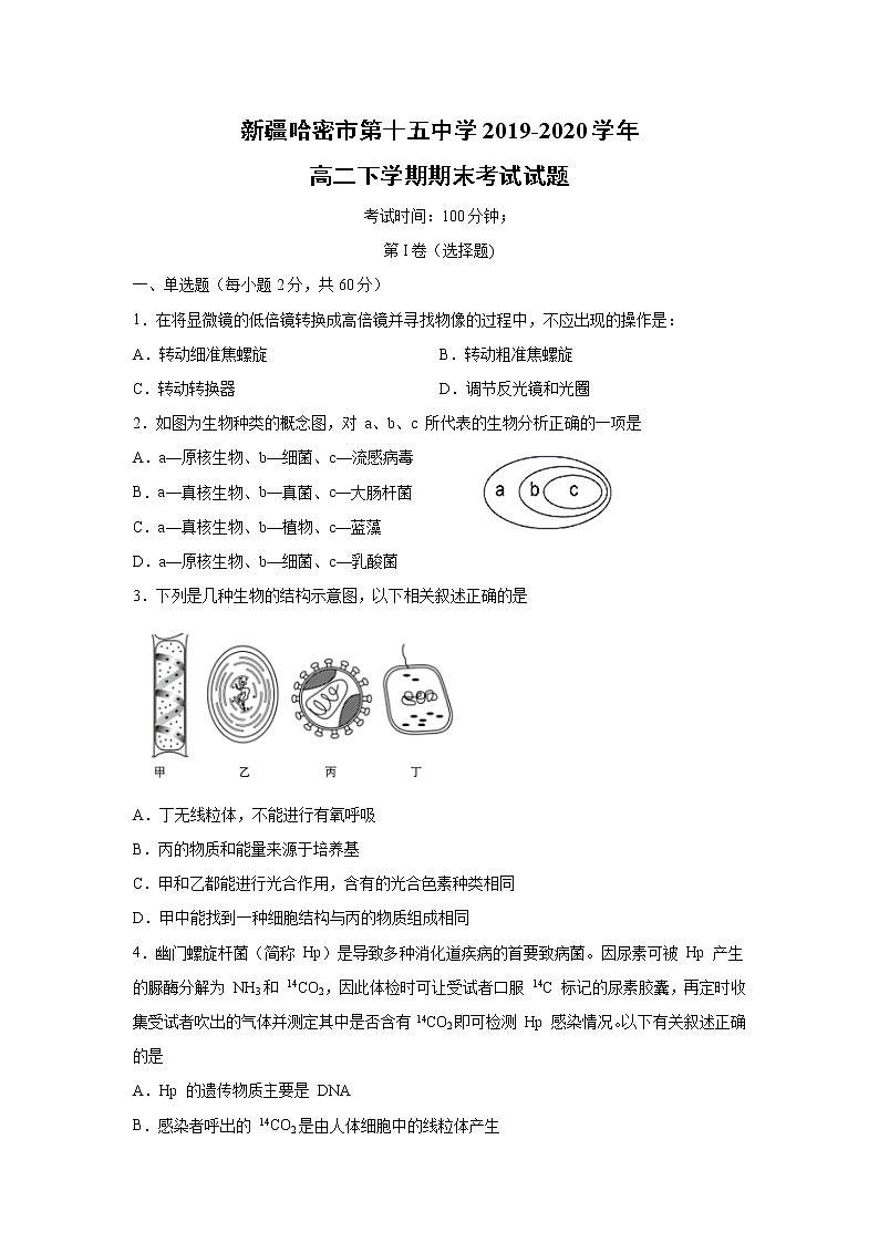 【生物】新疆哈密市第十五中学2019-2020学年高二下学期期末考试试题01