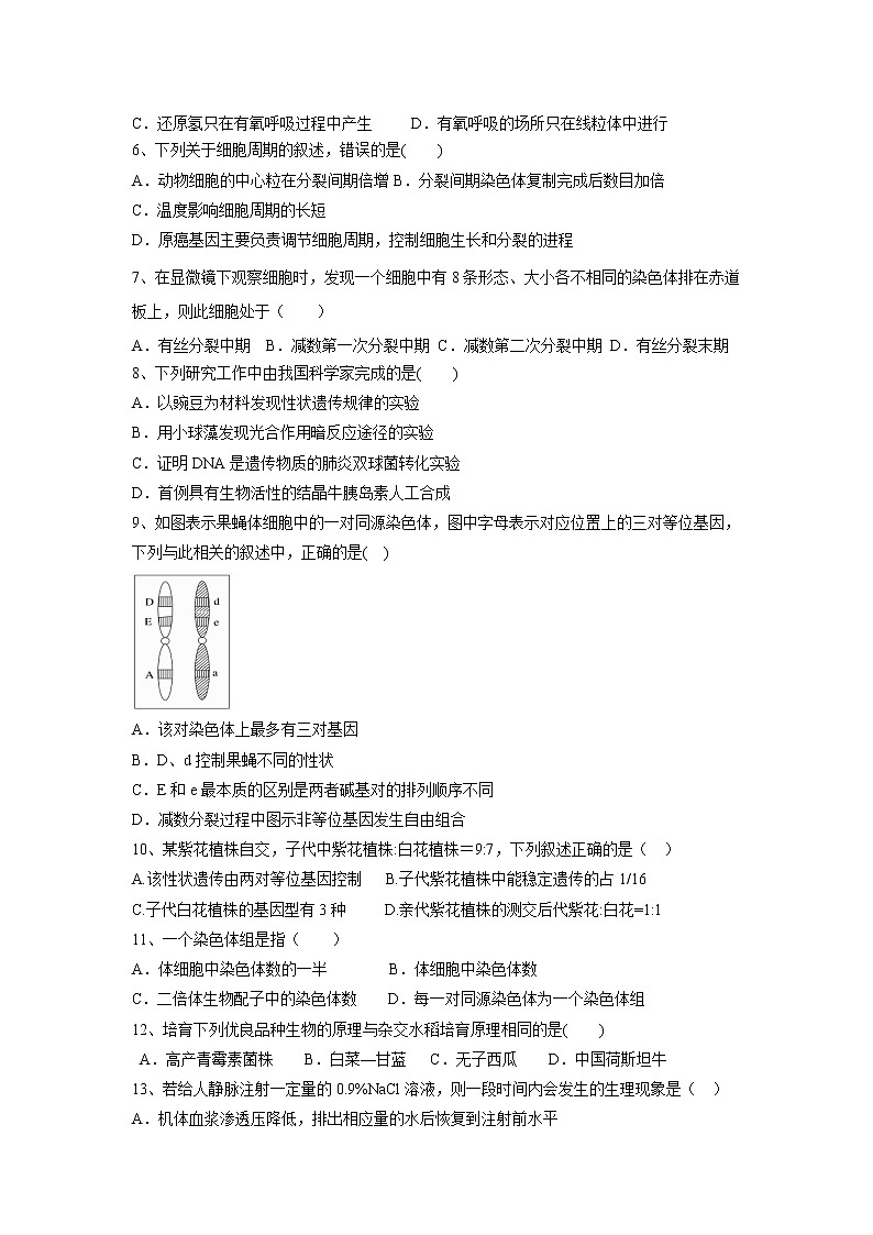 【生物】山西省朔州市怀仁一中云东校区2019-2020学年高二下学期期末考试试卷02