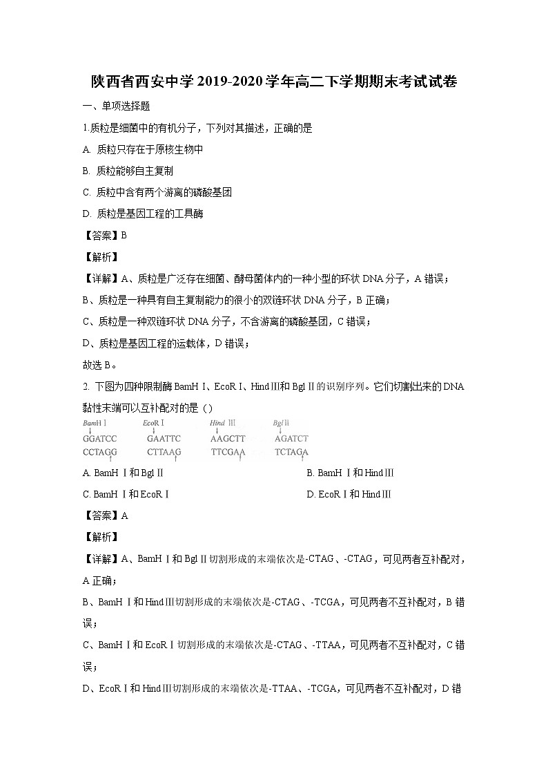 【生物】陕西省西安中学2019-2020学年高二下学期期末考试试卷（解析版）01