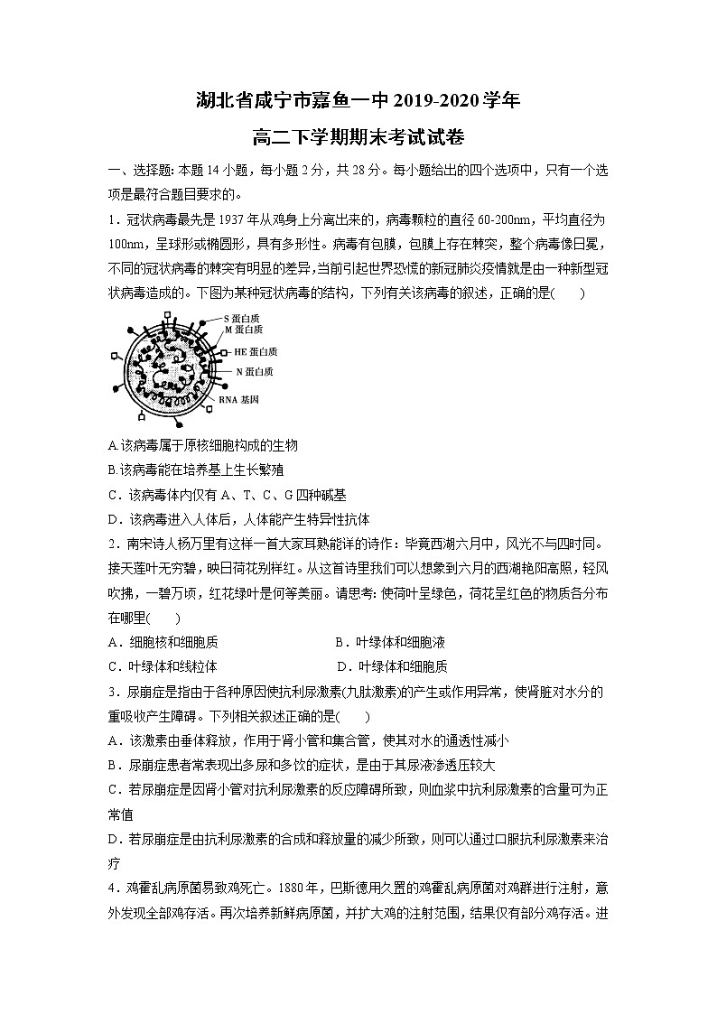 【生物】湖北省咸宁市嘉鱼一中2019-2020学年高二下学期期末考试试卷01