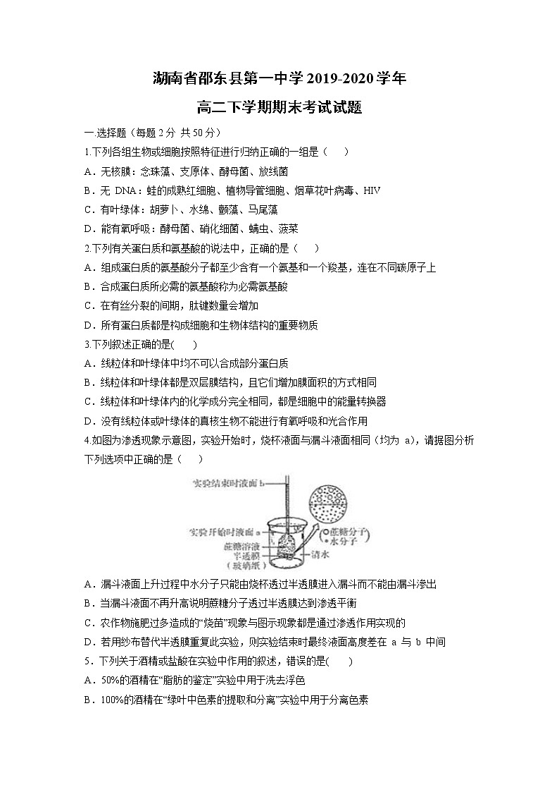 【生物】湖南省邵东县第一中学2019-2020学年高二下学期期末考试试题01