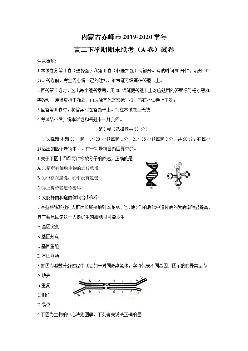 【生物】内蒙古赤峰市2019-2020学年高二下学期期末联考（A卷）试卷01