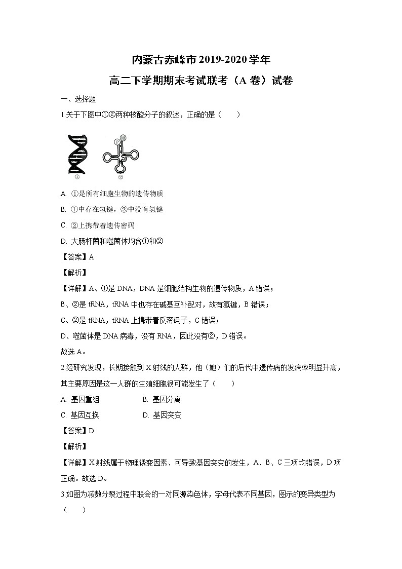 【生物】内蒙古赤峰市2019-2020学年高二下学期期末考试联考（A卷）试卷（解析版）01