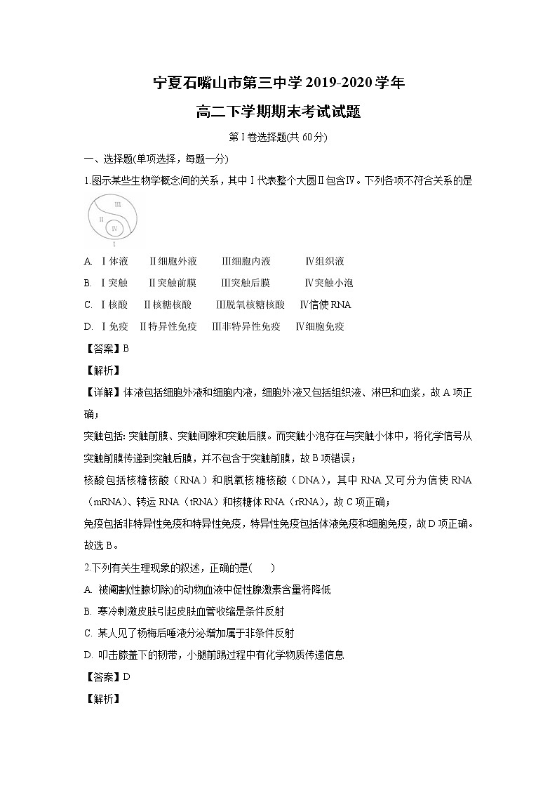 【生物】宁夏石嘴山市第三中学2019-2020学年高二下学期期末考试试题（解析版）01