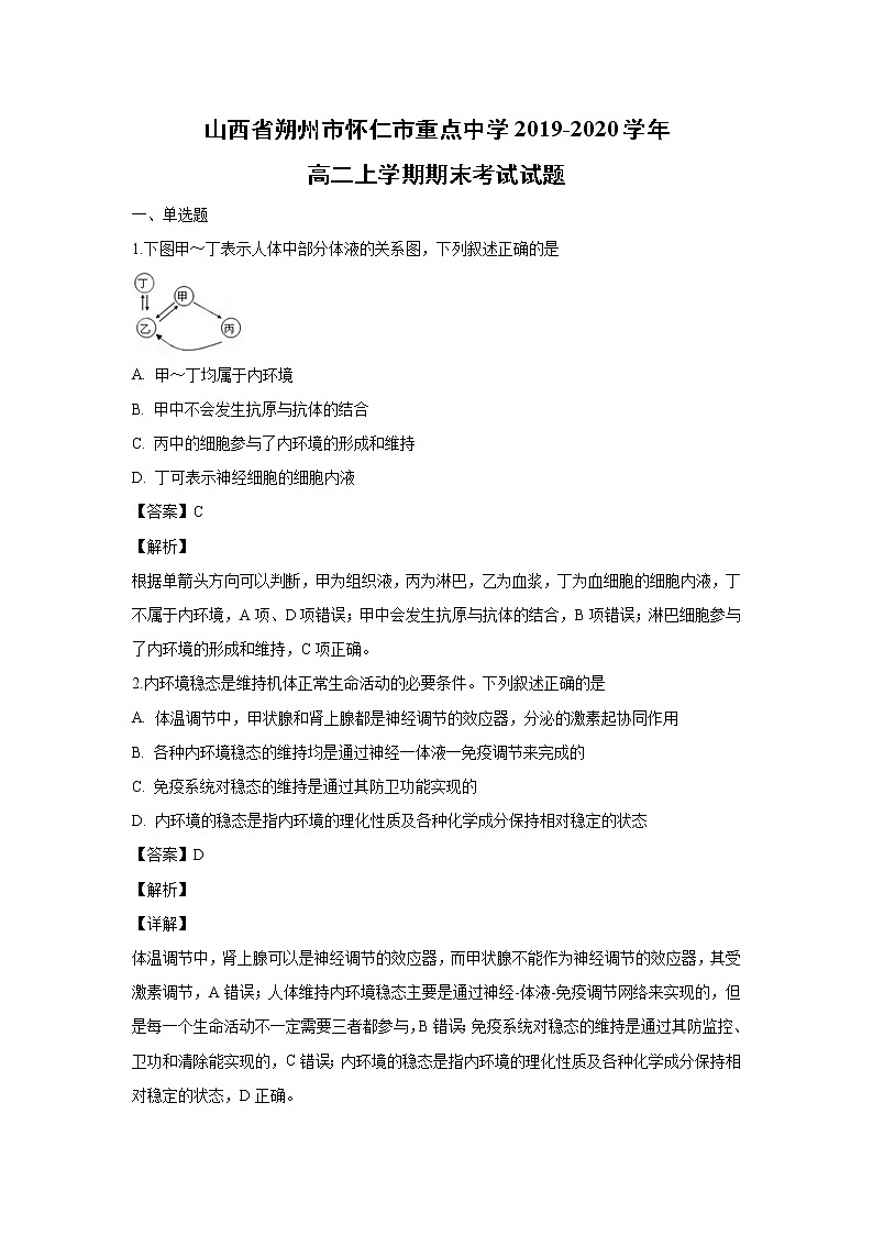 【生物】山西省朔州市怀仁市重点中学2019-2020学年高二上学期期末考试试题（解析版）01