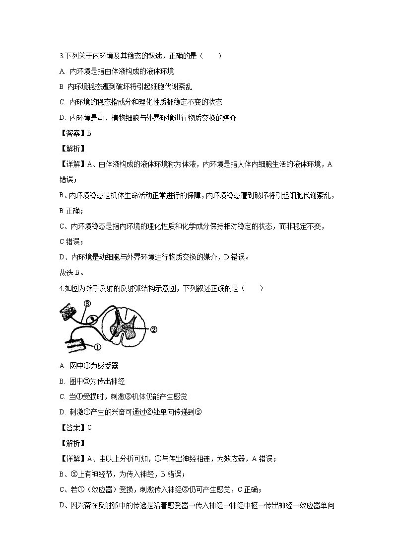 【生物】四川省内江市2019-2020学年高二上学期期末考试试题（解析版）02