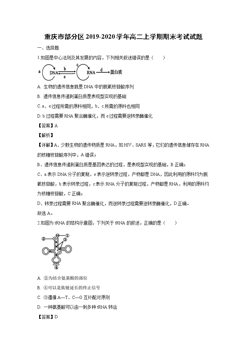 【生物】重庆市部分区2019-2020学年高二上学期期末考试试题（解析版）第1页