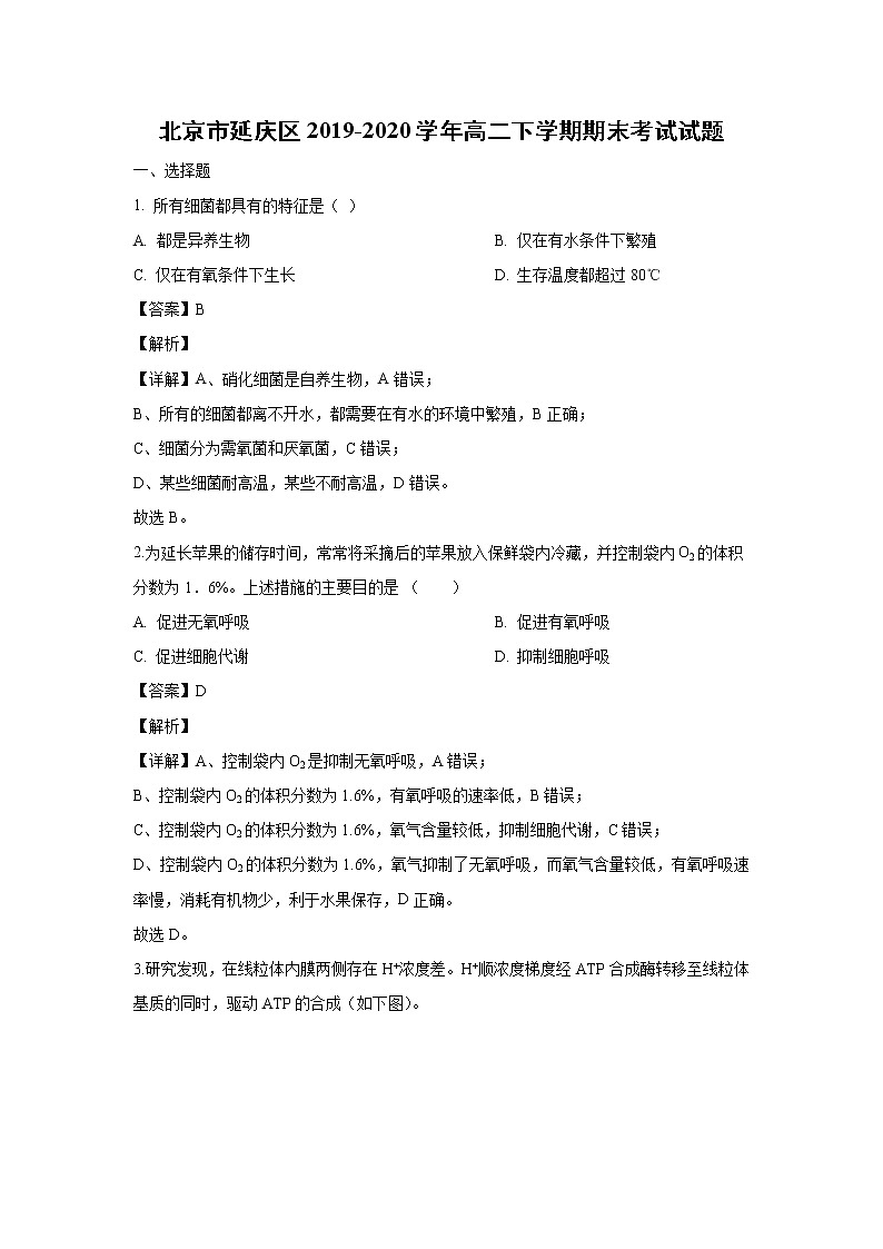 【生物】北京市延庆区2019-2020学年高二下学期期末考试试题（解析版）01
