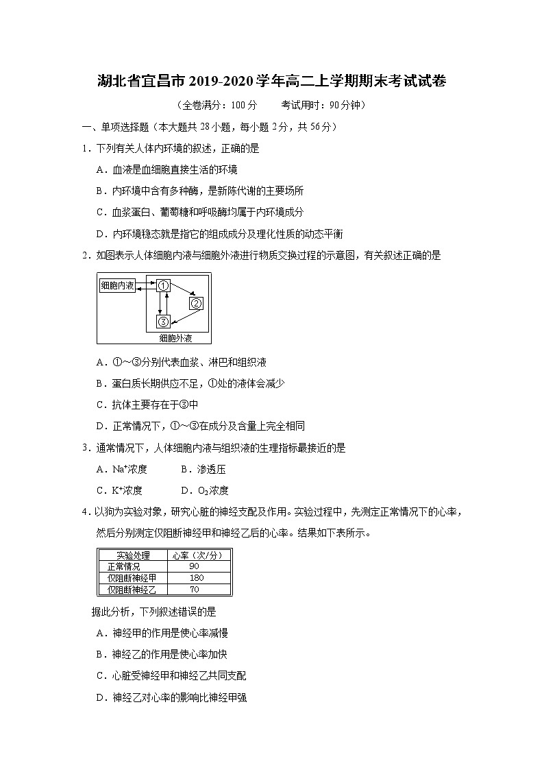【生物】湖北省宜昌市2019-2020学年高二上学期期末考试试卷第1页