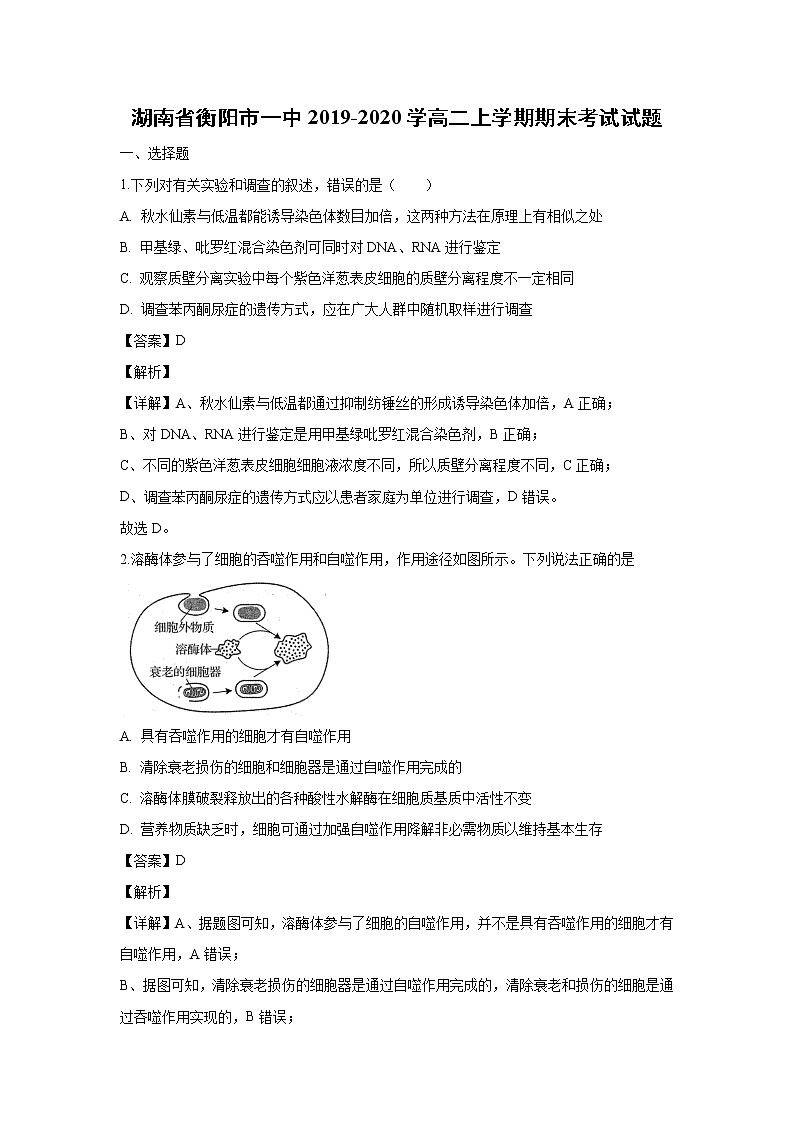 【生物】湖南省衡阳市一中2019-2020学年高二上学期期末考试试题（解析版）第1页