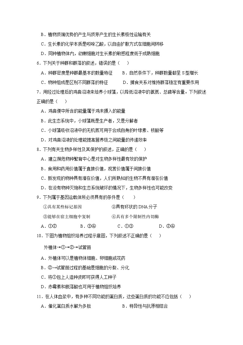 【生物】江苏省启东中学2019-2020学年高二上学期期末考试试题02