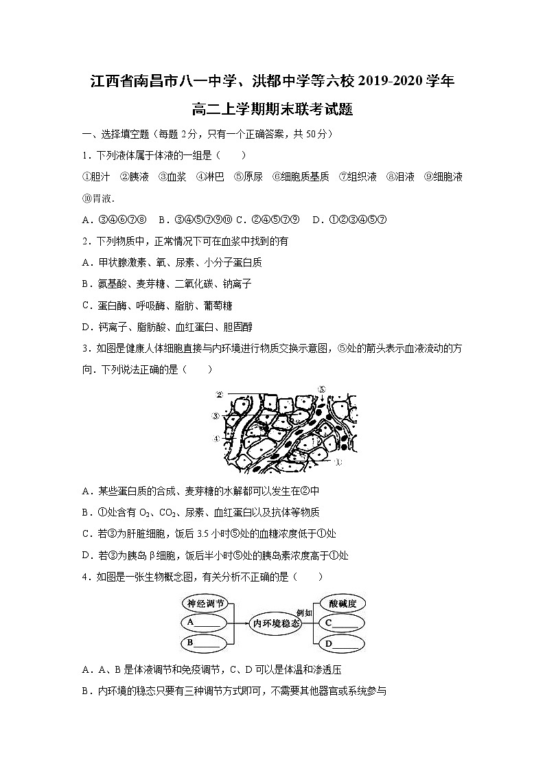【生物】江西省南昌市八一中学、洪都中学等六校2019-2020学年高二上学期期末联考试题01