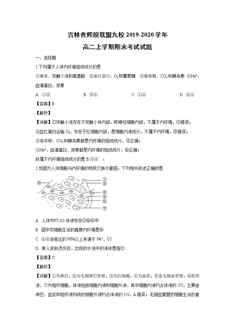 【生物】吉林省辉煌联盟九校2019-2020学年高二上学期期末考试试题（解析版）第1页