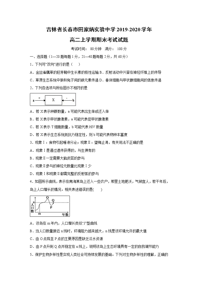 【生物】吉林省长春市田家炳实验中学2019-2020学年高二上学期期末考试试题01
