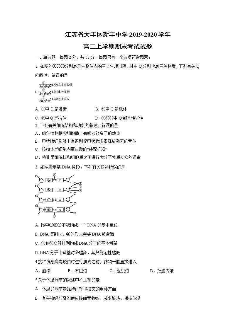 【生物】江苏省大丰区新丰中学2019-2020学年高二上学期期末考试试题第1页