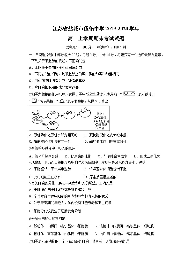 【生物】江苏省盐城市伍佑中学2019-2020学年高二上学期期末考试试题第1页