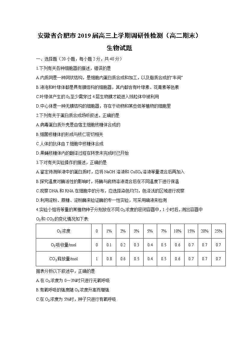 【生物】安徽省合肥市2019届高三上学期调研性检测（高二期末）生物试题第1页