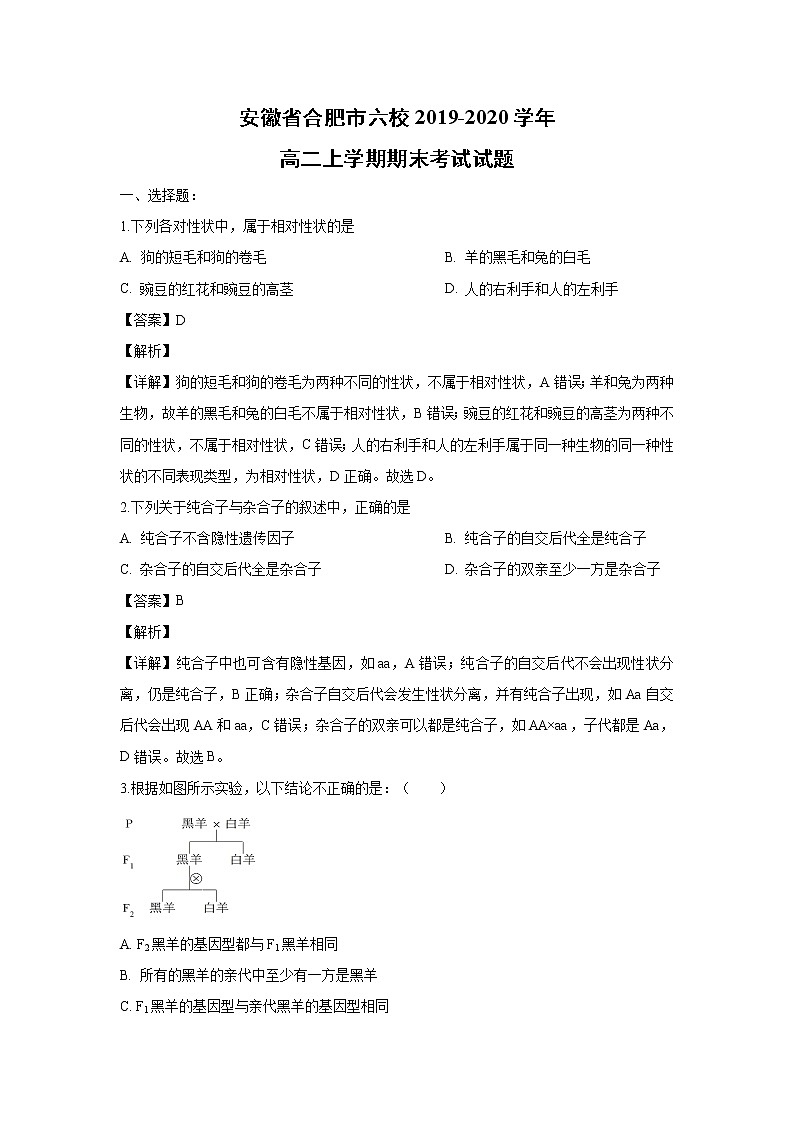 【生物】安徽省合肥市六校2019-2020学年高二上学期期末考试试题（解析版）01