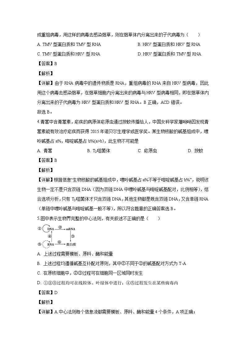 【生物】安徽省合肥市六校联盟2019-2020学年高二上学期期末考试试题（解析版）02