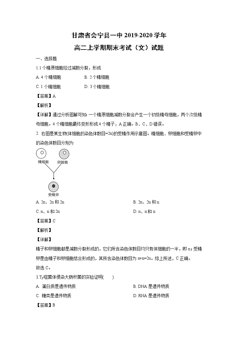 【生物】甘肃省会宁县一中2019-2020学年高二上学期期末考试（文）试题（解析版）01