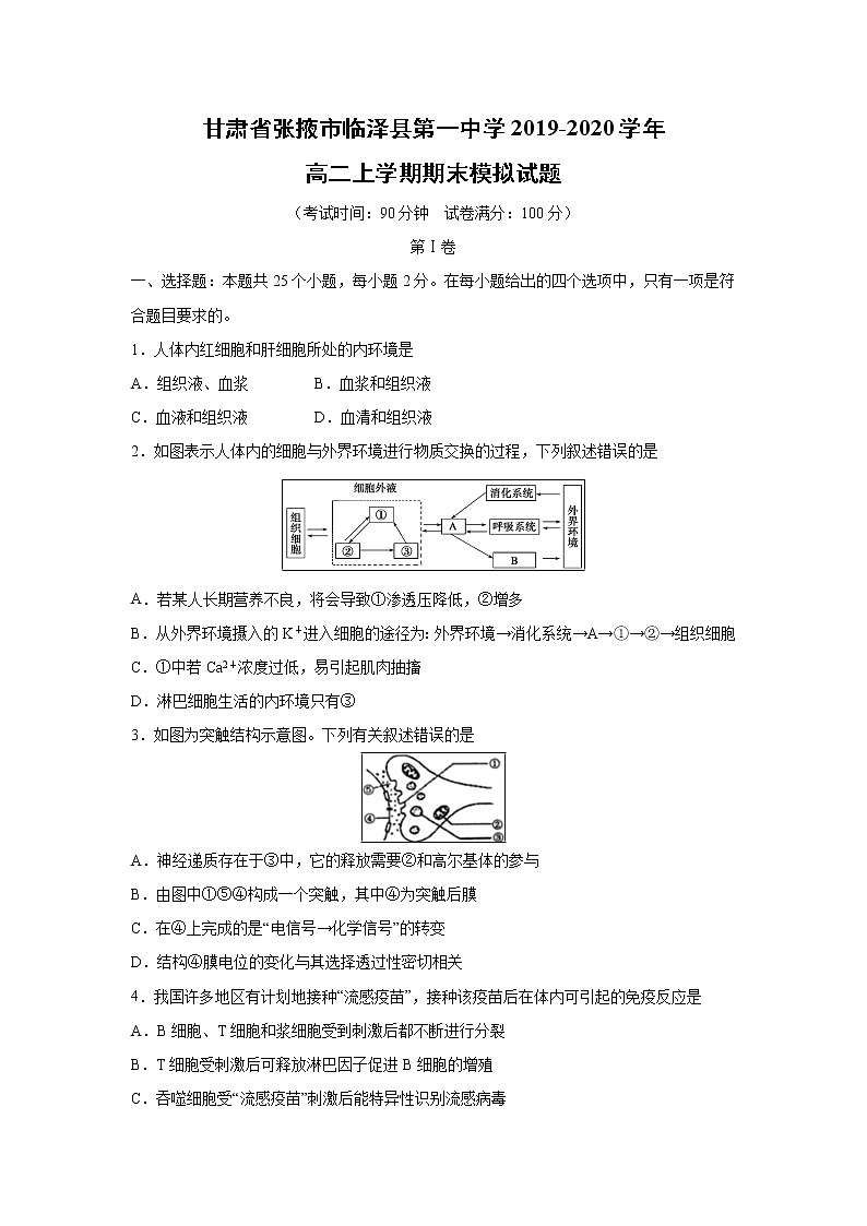 【生物】甘肃省张掖市临泽县第一中学2019-2020学年高二上学期期末模拟试题01