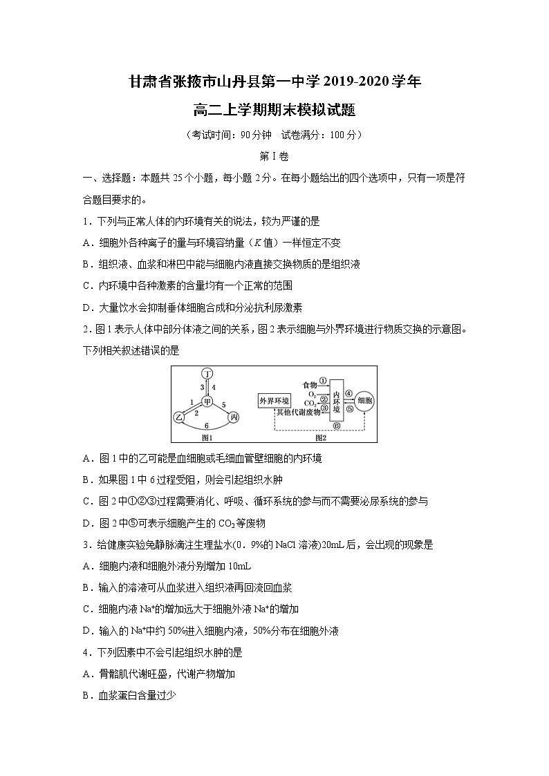 【生物】甘肃省张掖市山丹县第一中学2019-2020学年高二上学期期末模拟试题01