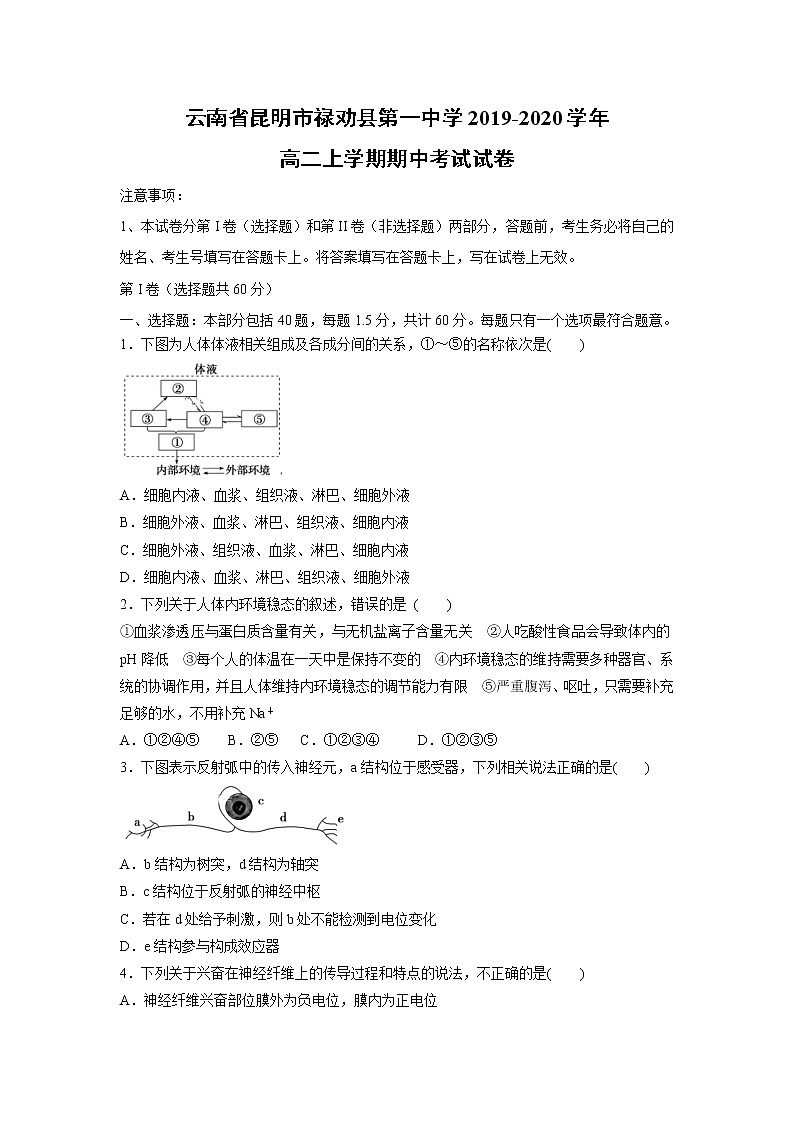 【生物】云南省昆明市禄劝县第一中学2019-2020学年高二上学期期中考试试卷01