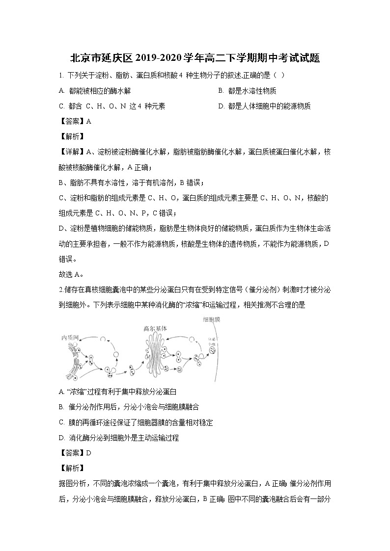 【生物】北京市延庆区2019-2020学年高二下学期期中考试试题（解析版）01
