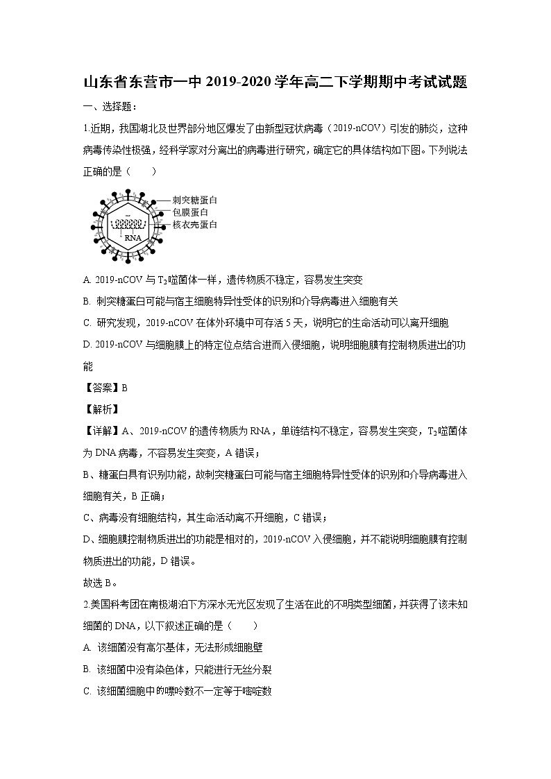 【生物】山东省东营市一中2019-2020学年高二下学期期中考试试题（解析版）01